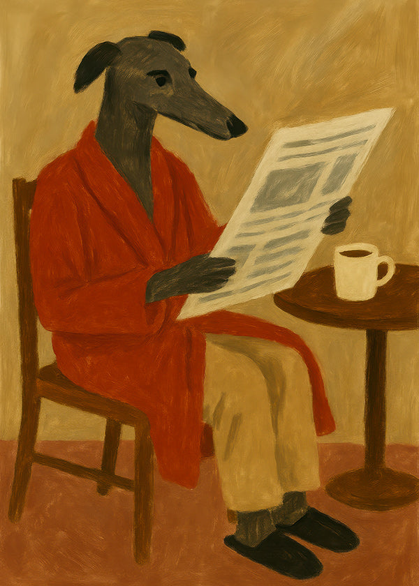 Cuadro de perro leyendo el periódico en bata roja
