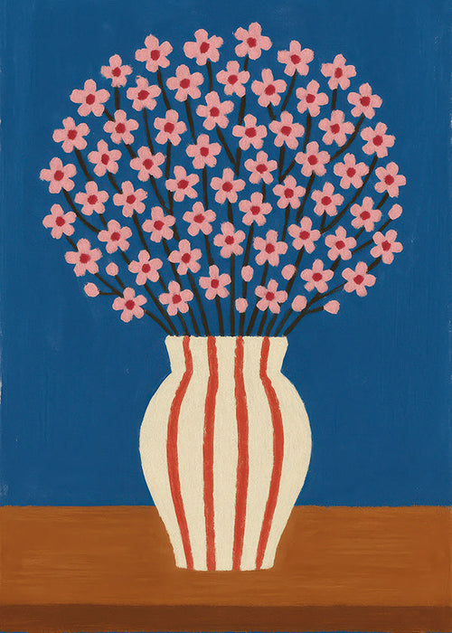 Lámina botánica: jarrón con flores rosas