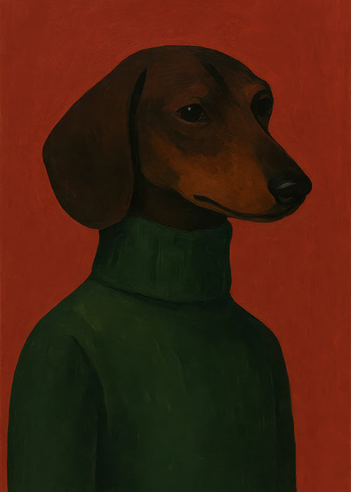 Cuadro retrato de perro salchicha con jersey verde
