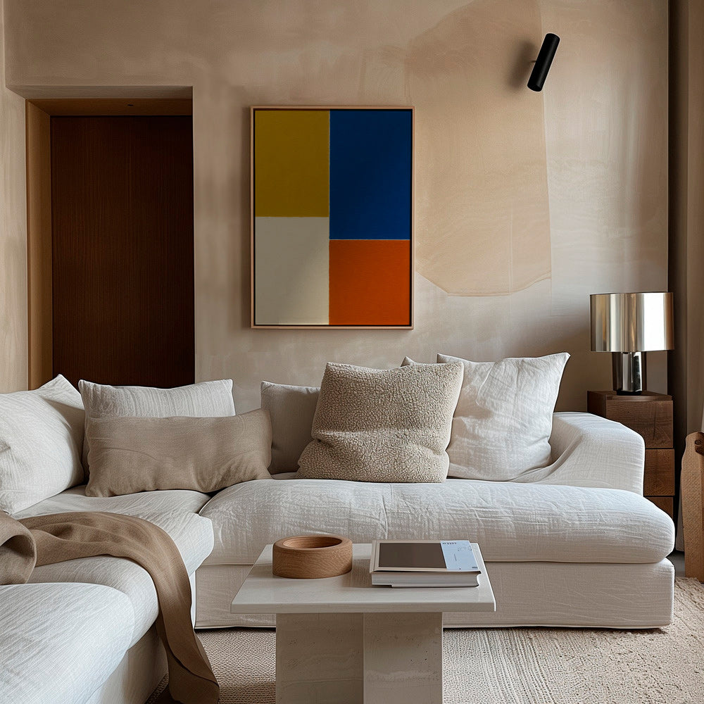 Cuadro abstracto de bloques mostaza y azul – Canvas2