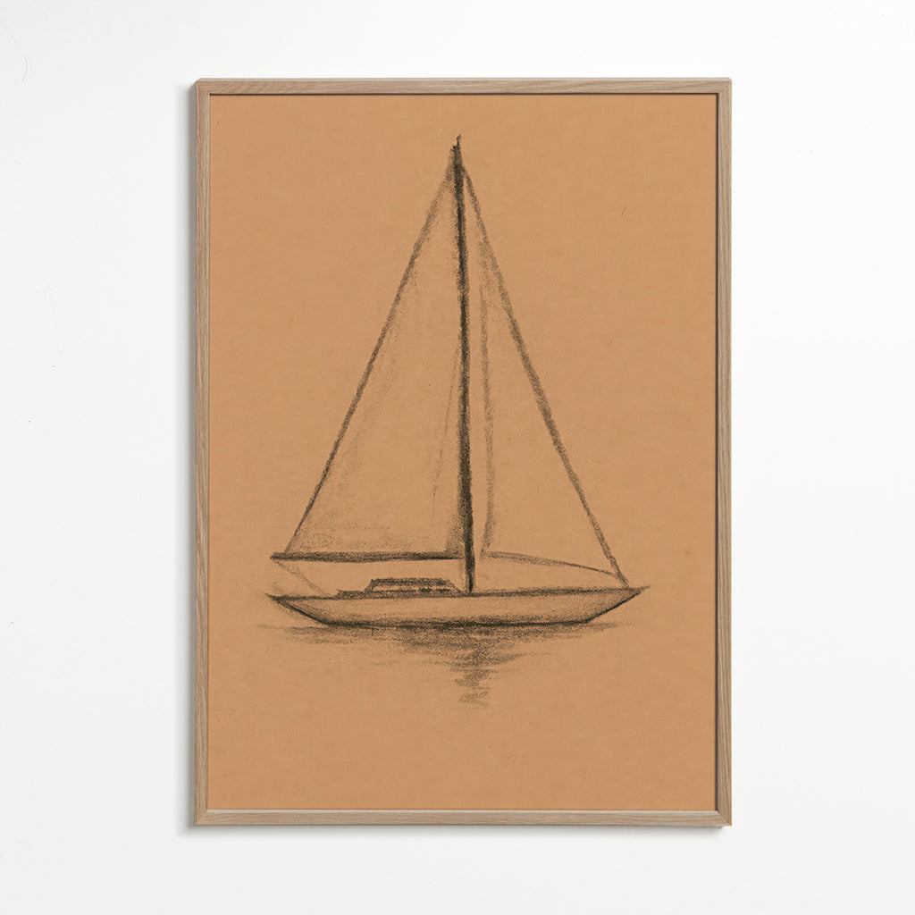 Cuadro en blanco y negro: velero en carboncillo – Oak Frame