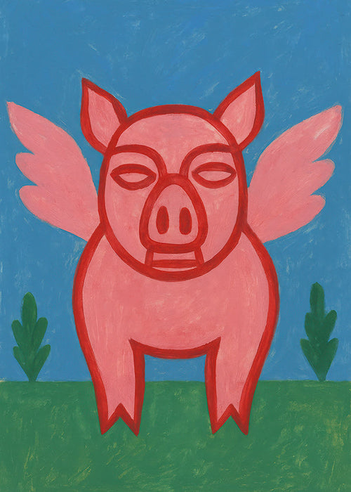 Cuadro cerdito alado en colores planos