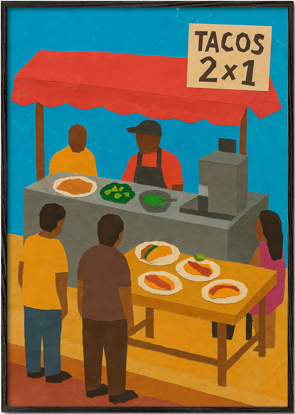 Cuadro de cocina con puesto de tacos ilustrado – Black Frame