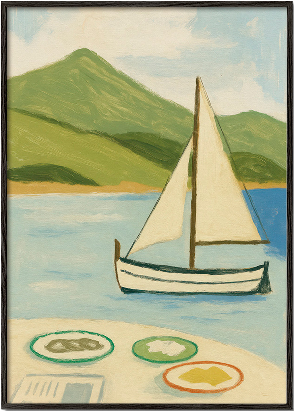 Cuadro de paisaje con vela en lago – Black Frame