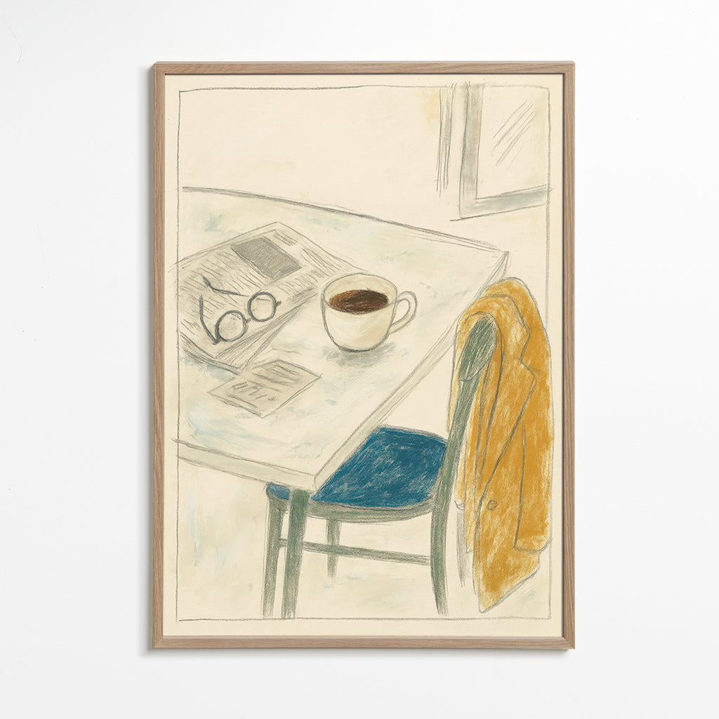 Cuadro de cocina con taza y abrigo informal – Oak Frame