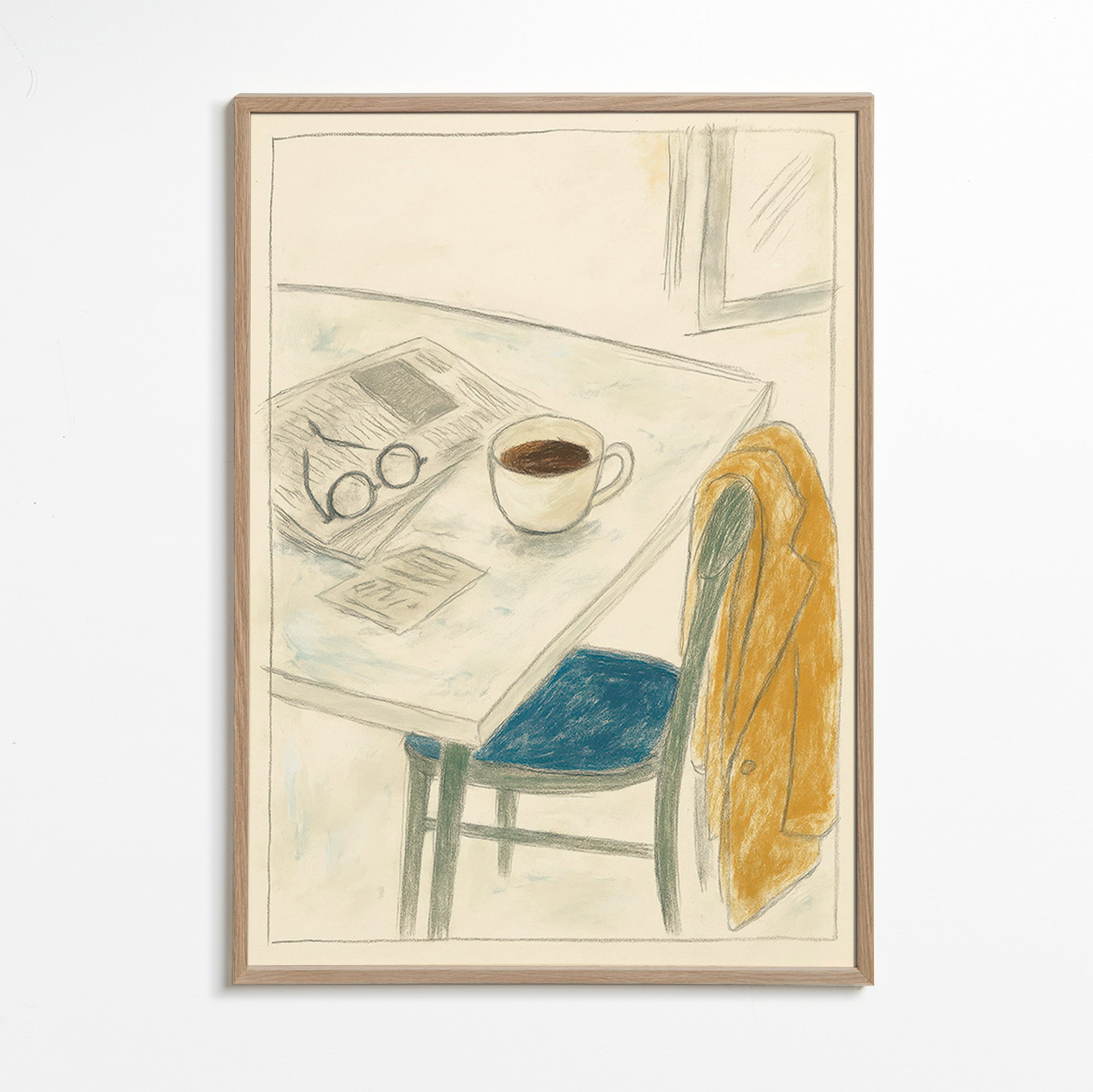 Cuadro de cocina con taza y abrigo informal – Oak Frame