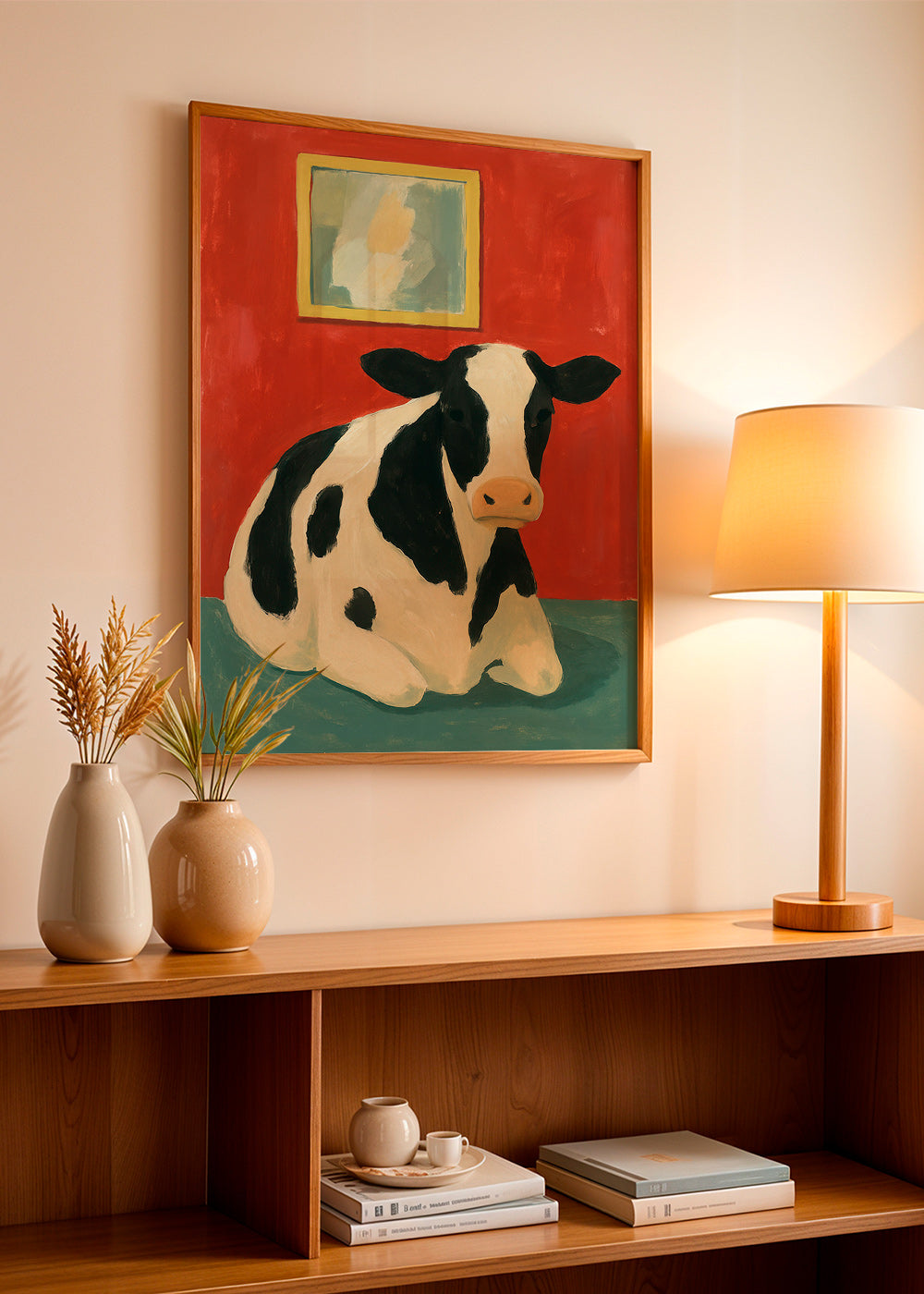 Cuadro vaca reposando en fondo rojo – Product1