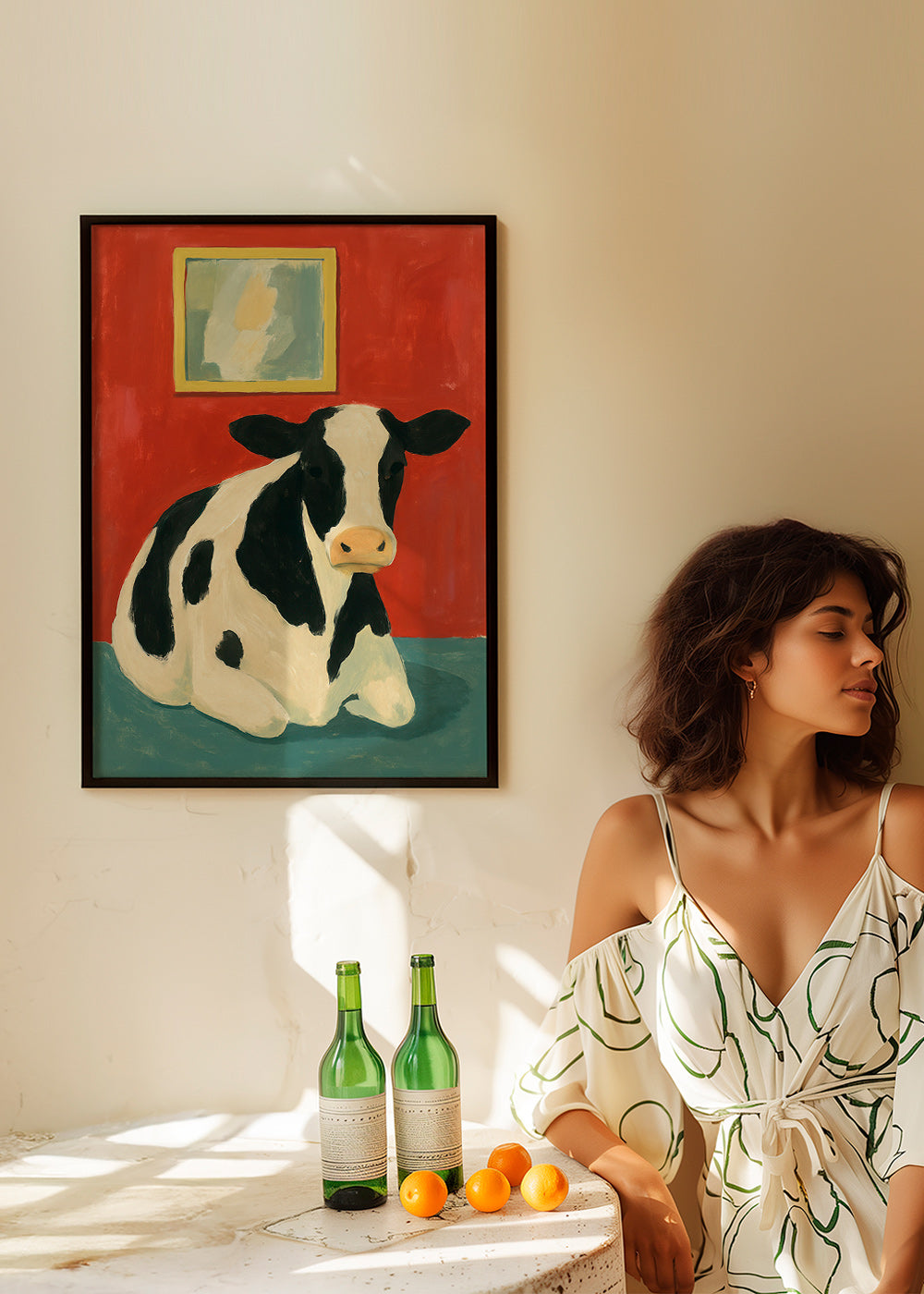 Cuadro vaca reposando en fondo rojo – Product3