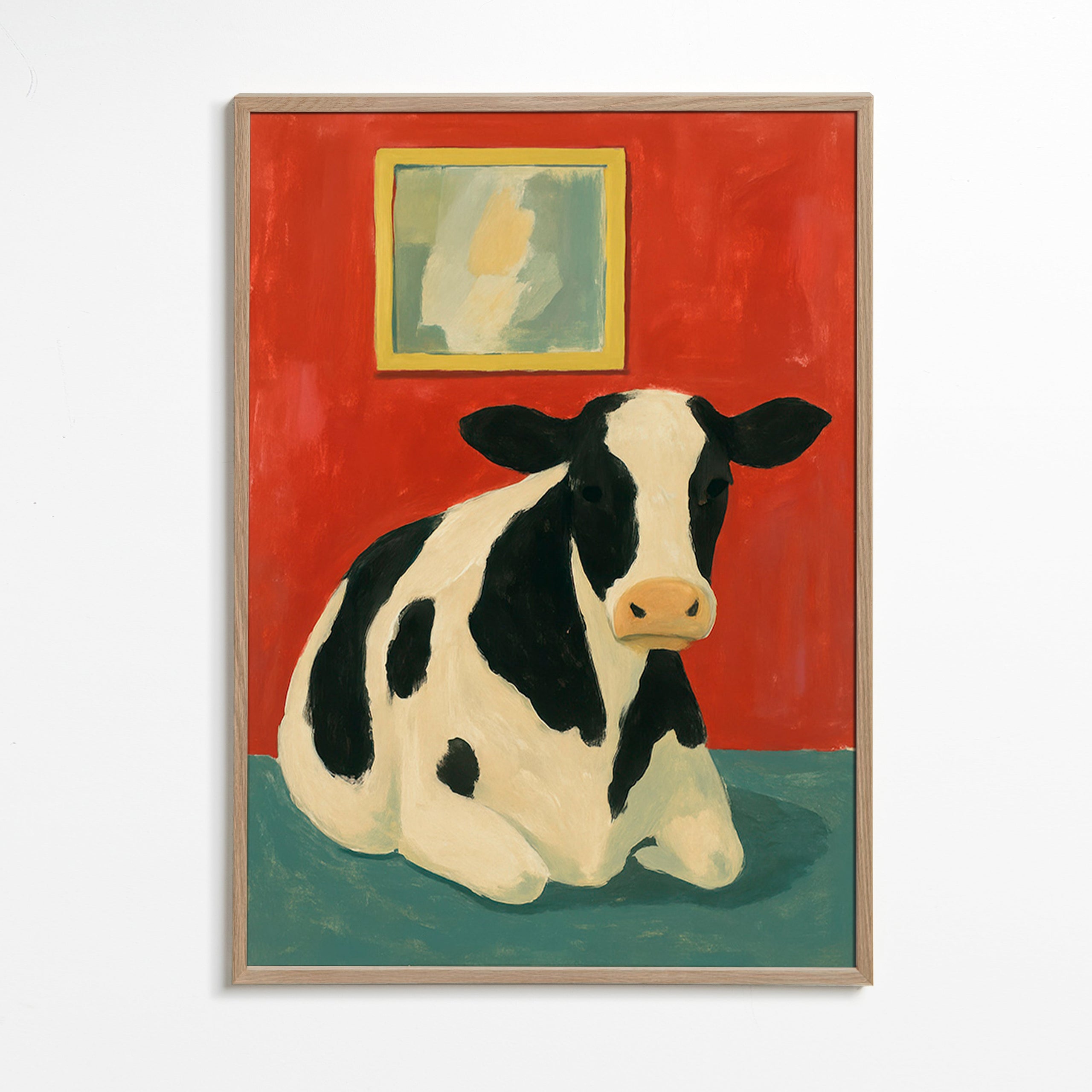Cuadro vaca reposando en fondo rojo – Oak Frame