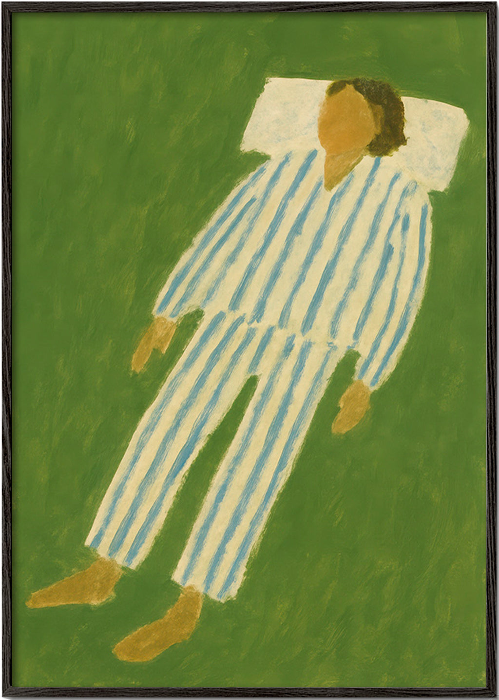 Ilustración de figura tumbada en pijama a rayas – Black Frame