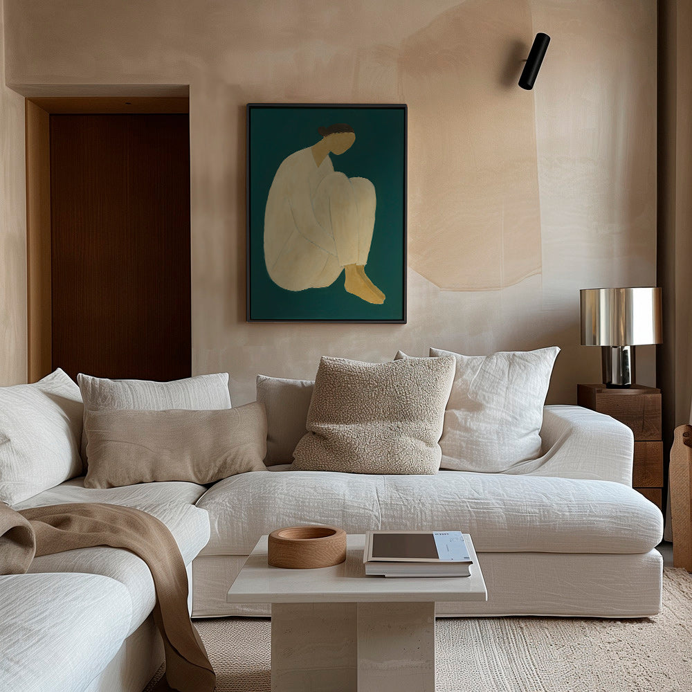 Cuadro minimalista de figura sentada sobre fondo verde – Canvas2