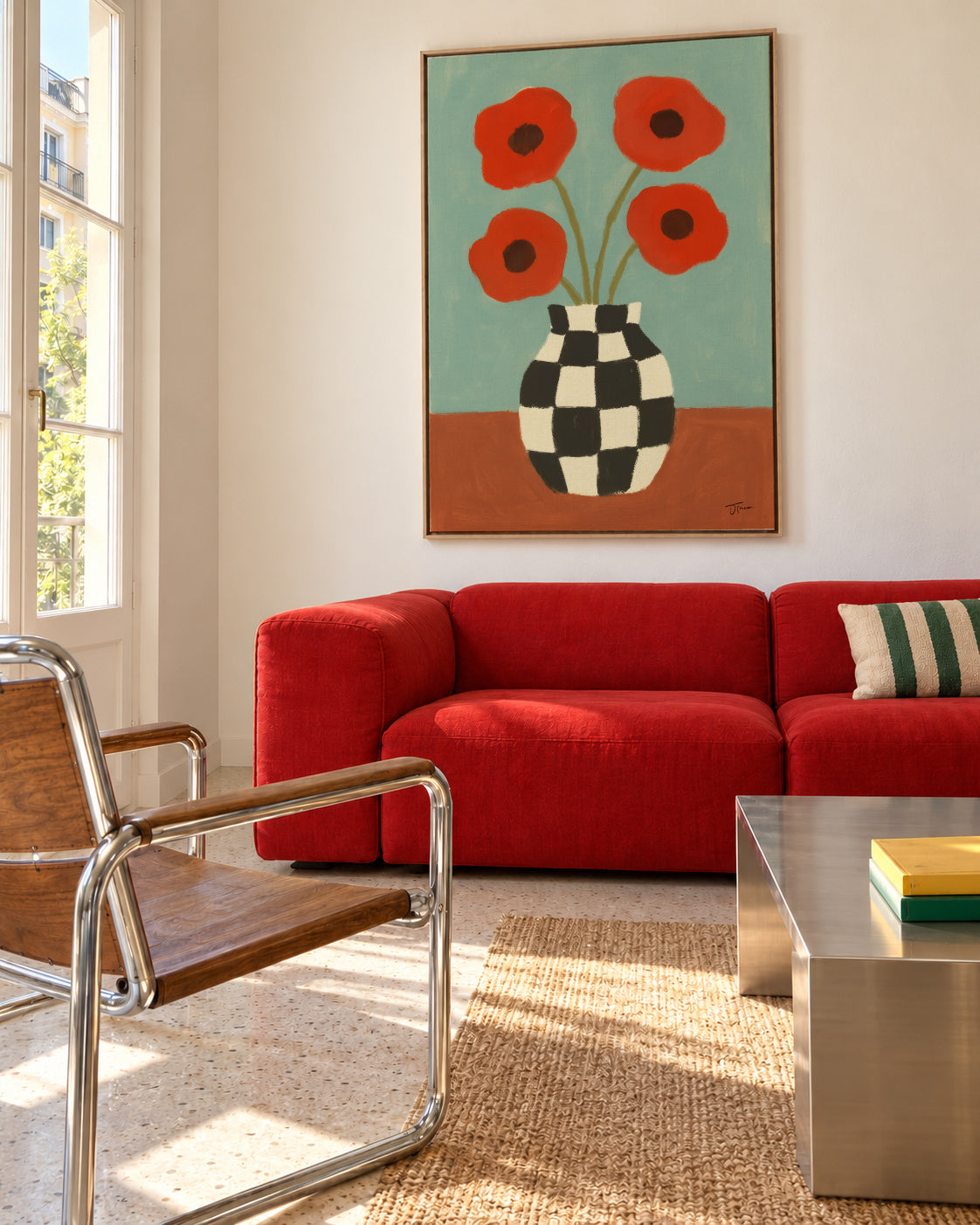 Checkerboard Poppies - Framed canvas in an interior