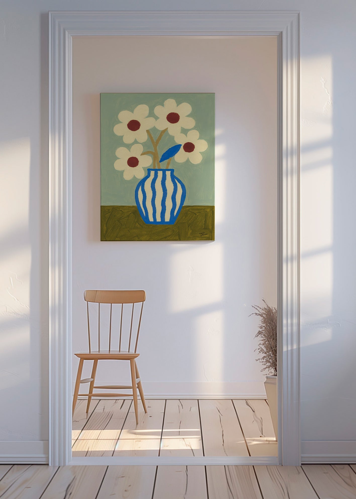 Lámina botánica jarrón azul con flores estilizadas – Canvas