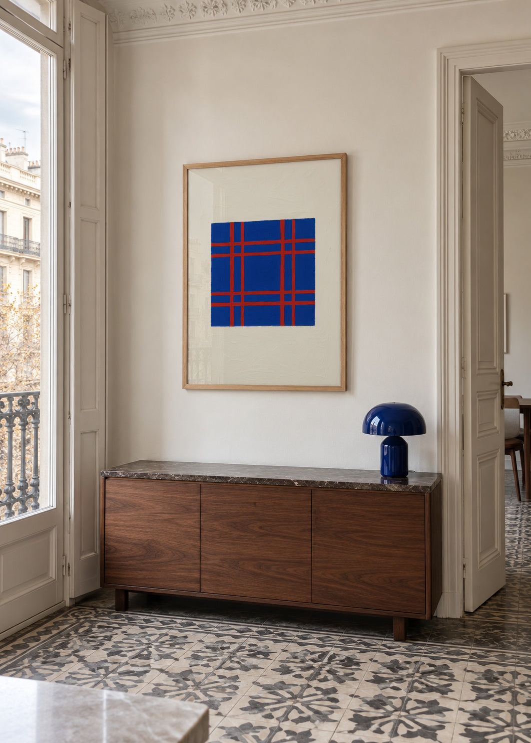 Cobalt Plaid - Framed poster in an interior
