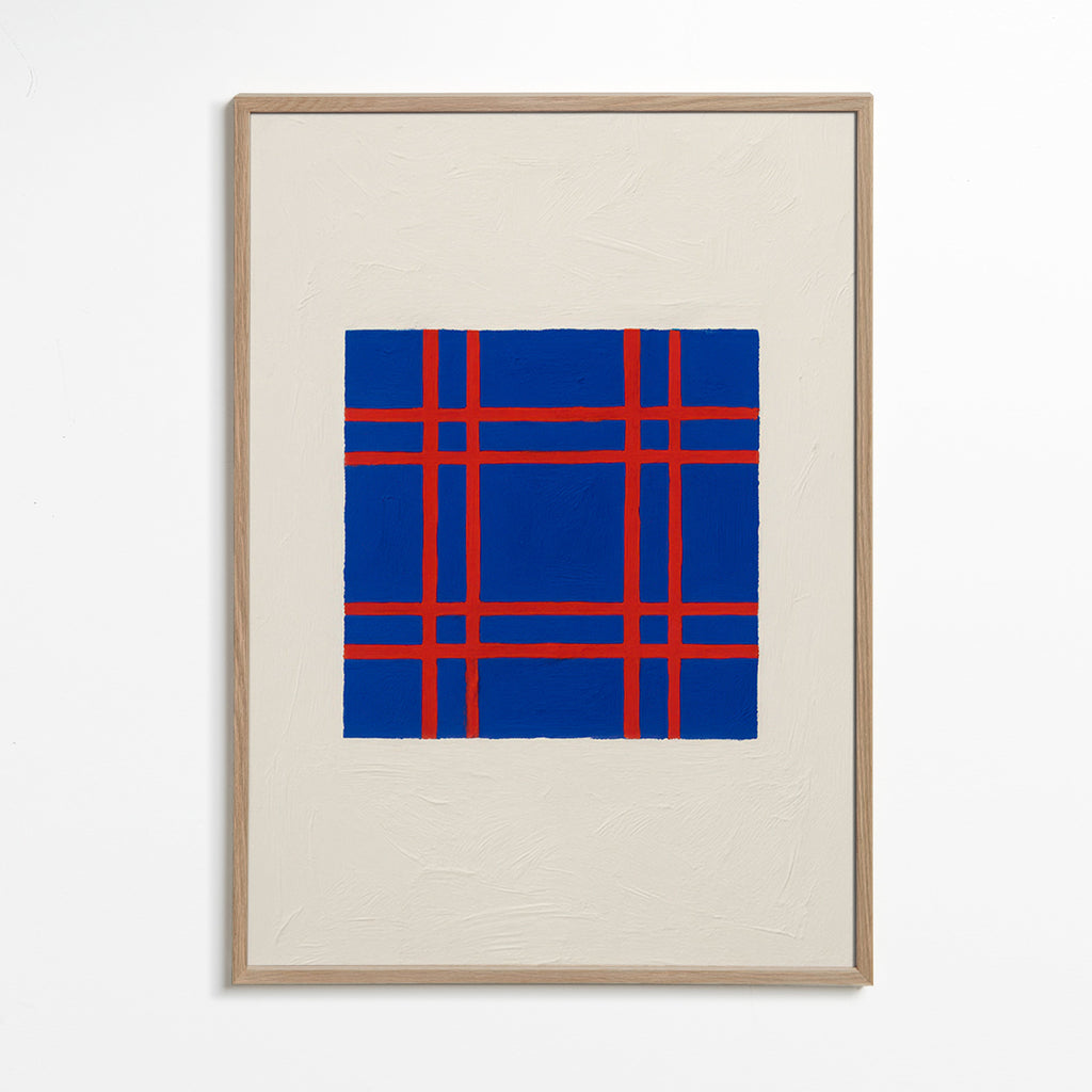 Cuadro geométrico azul con trama roja – Oak Frame