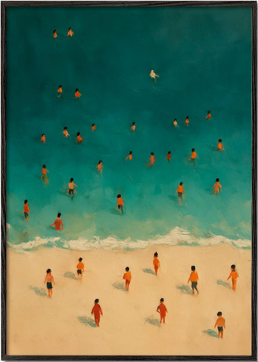 Cuadro de paisaje: playa vista aérea con bañistas – Black Frame