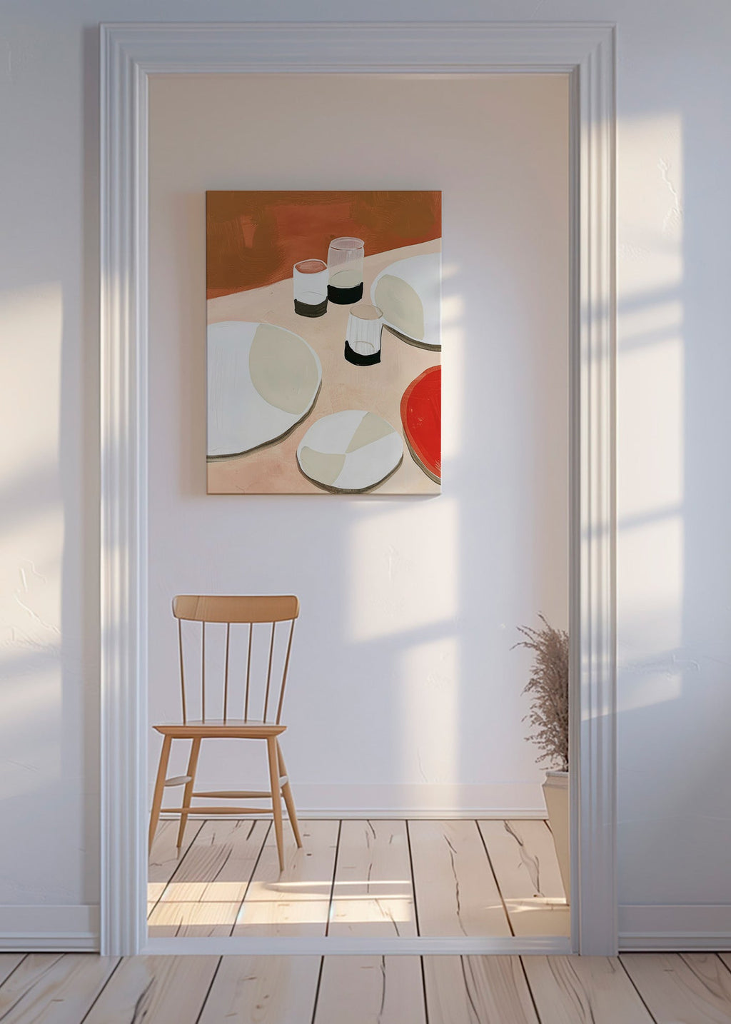 Cuadro de cocina minimalista con platos y vasos – Canvas