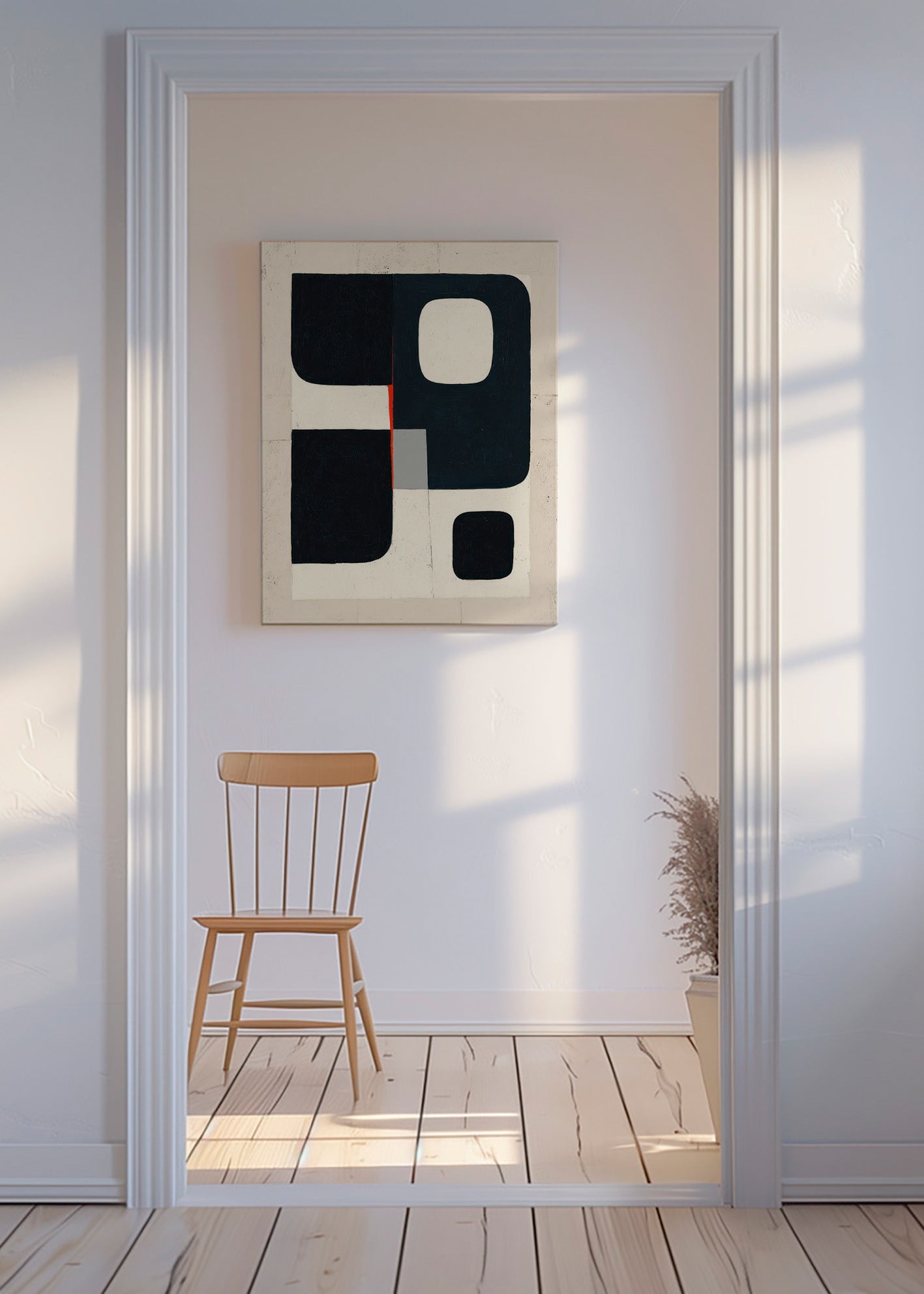 Cuadro geométrico con bloques negros y acento rojo – Canvas