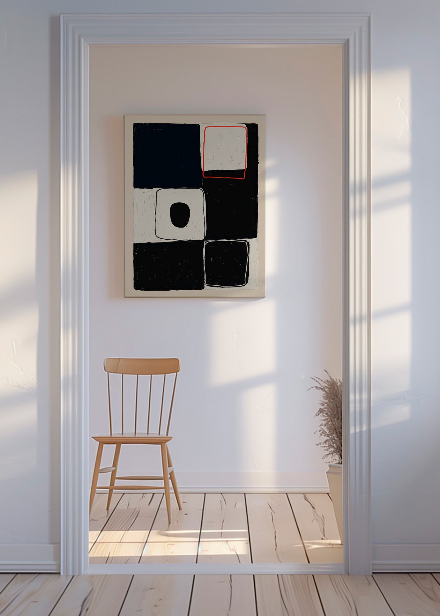 Cuadro geométrico con bloques y trazo rojo – Canvas