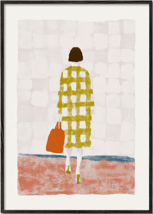Ilustración de mujer de espaldas con abrigo a cuadros – Black Frame