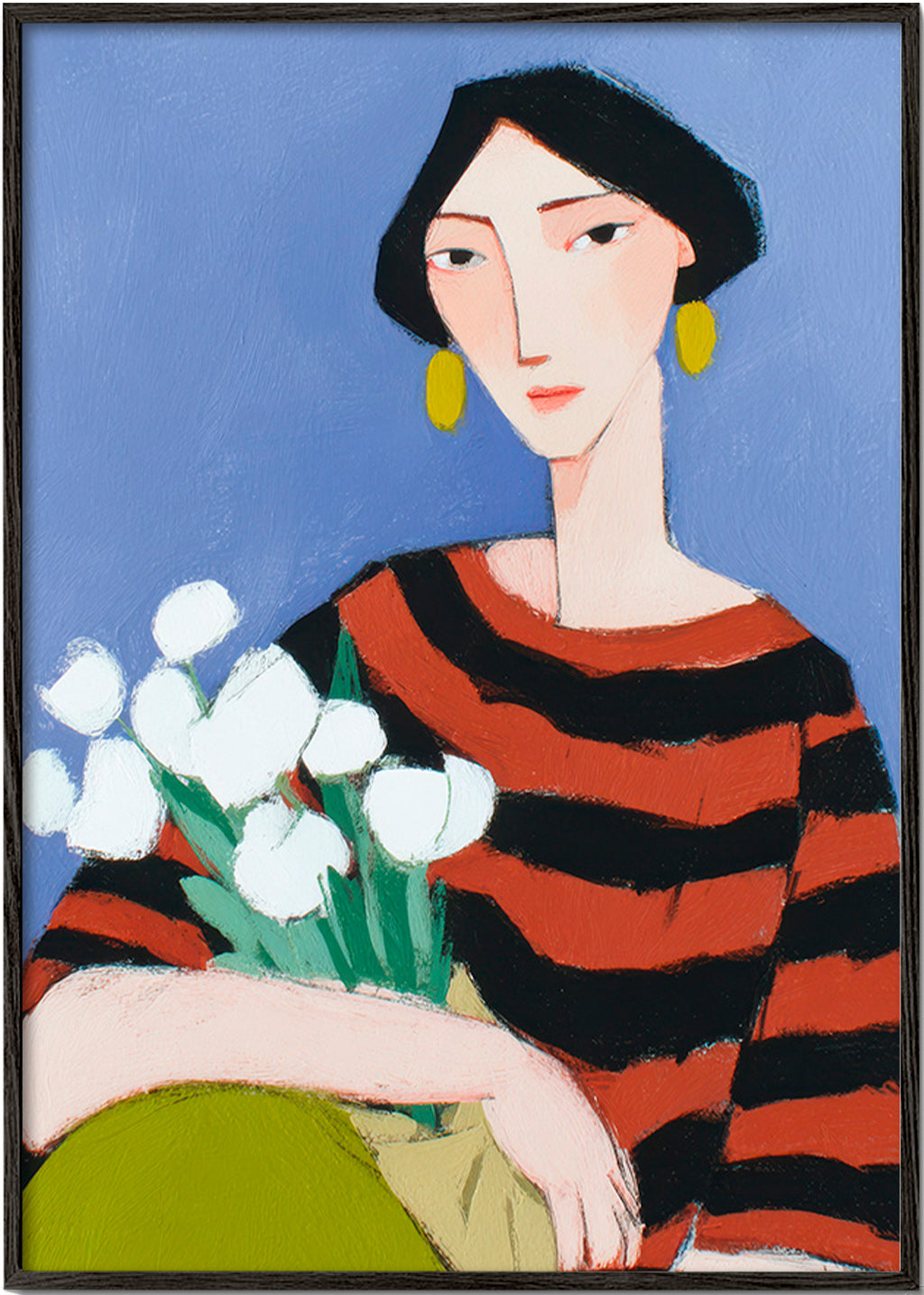 Ilustración de mujer con tulipanes blancos – Black Frame