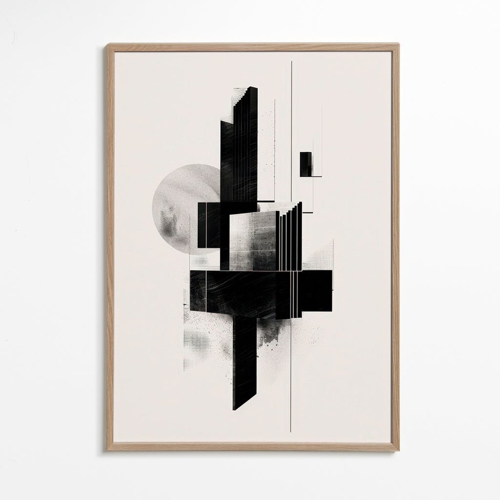 Cuadro geométrico en blanco y negro con formas arquitectónicas – Oak Frame