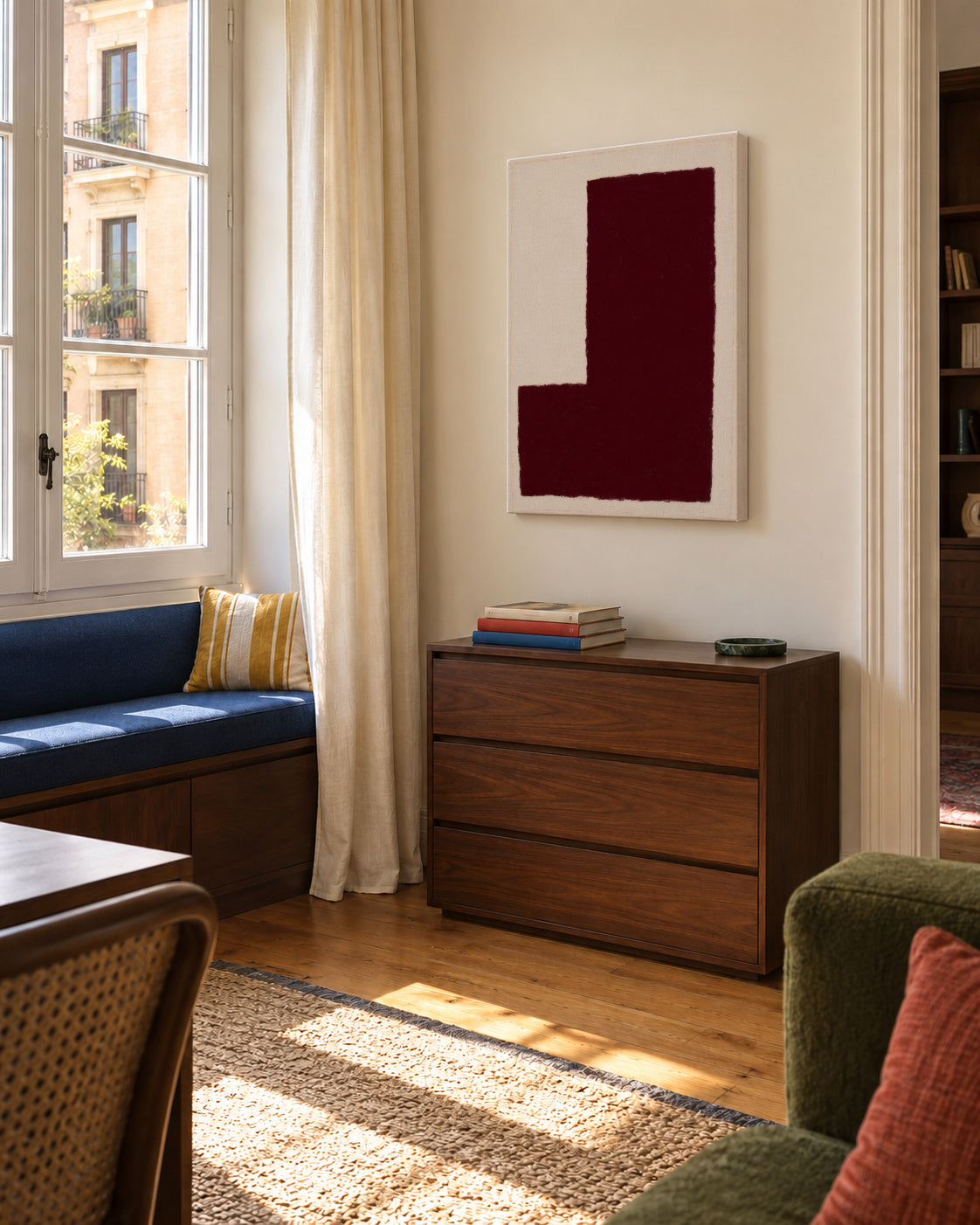 Burgundy Corner V - Unframed canvas in an interior