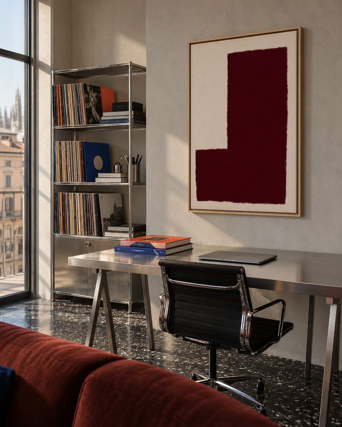 Burgundy Corner V - Framed canvas in an interior