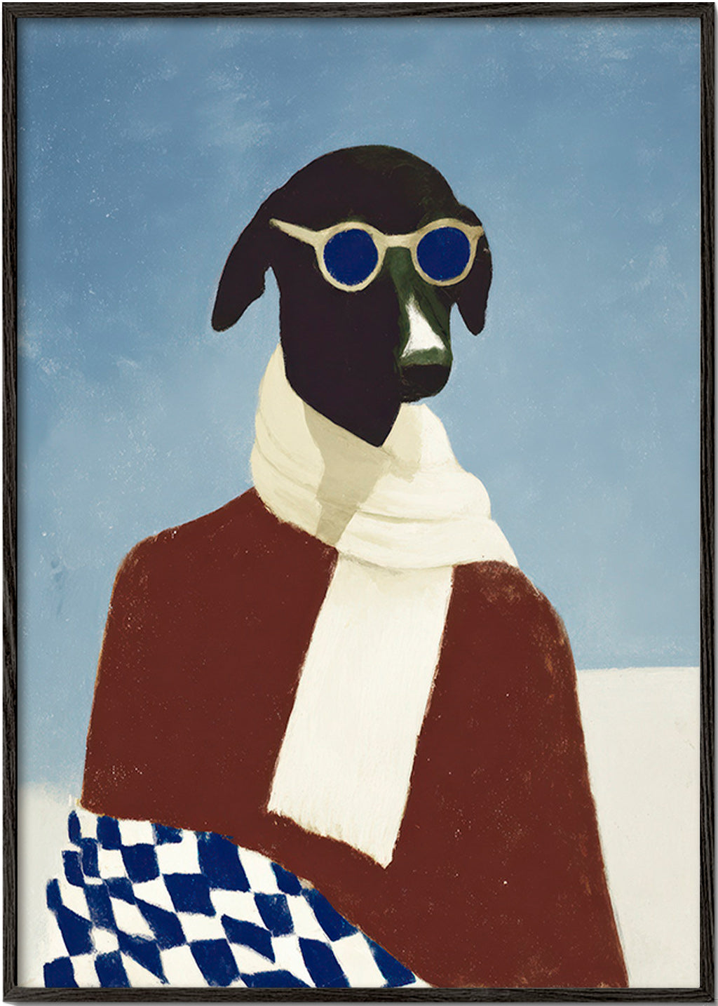 Cuadro perro invernal con bufanda – Black Frame