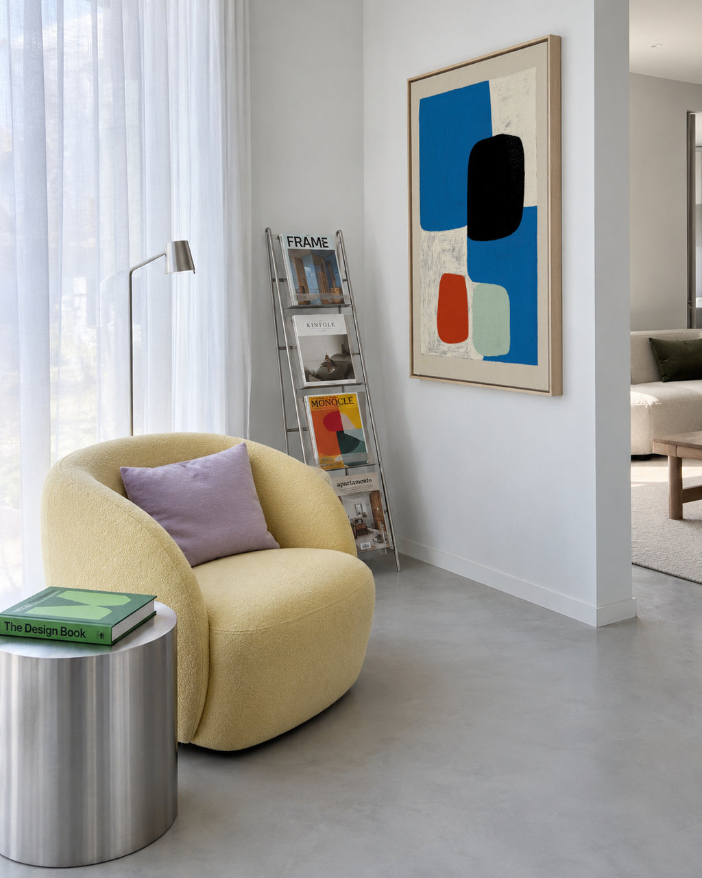 Blue & Ochre Fragment - Framed canvas in an interior