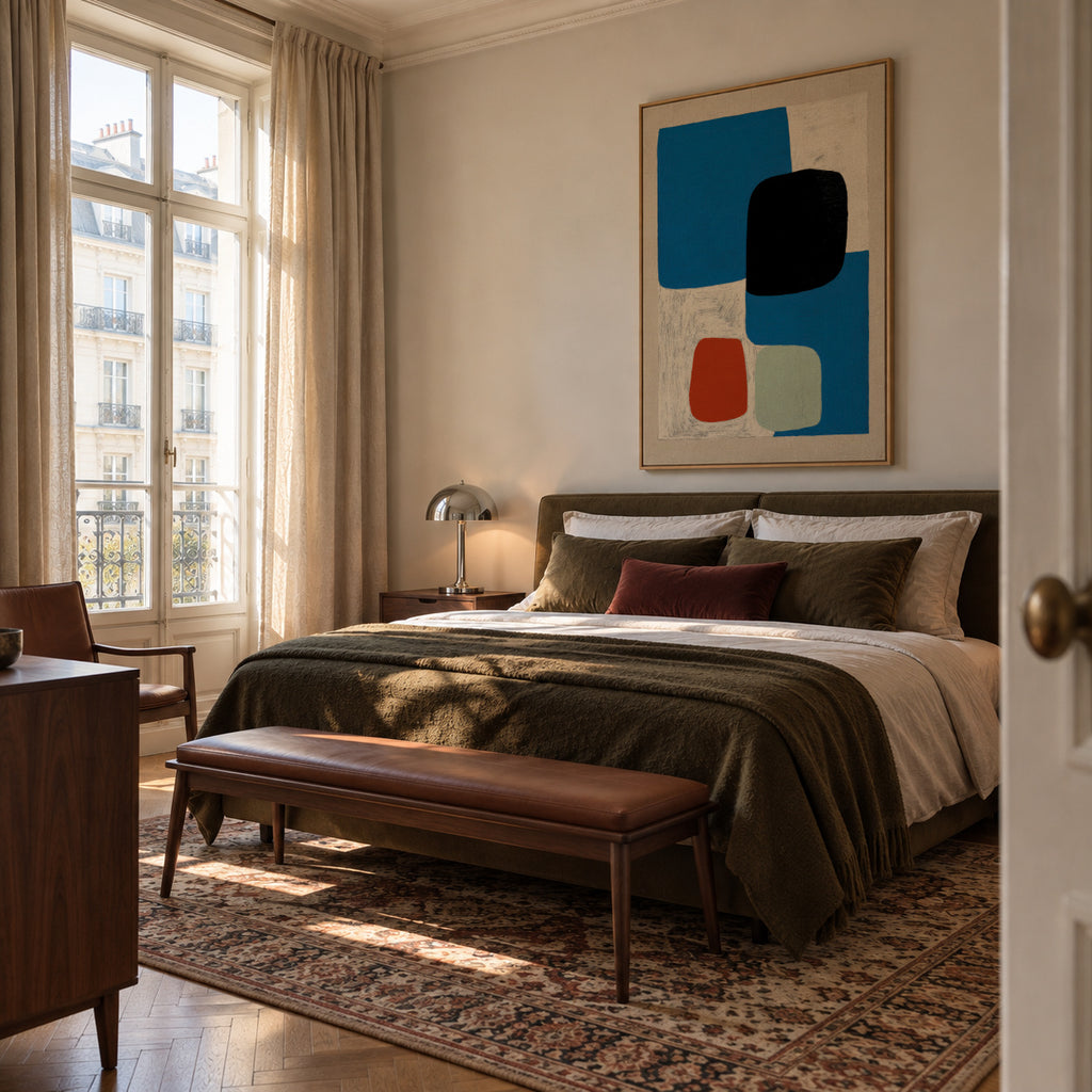 Blue & Ochre Fragment - Framed canvas in an interior