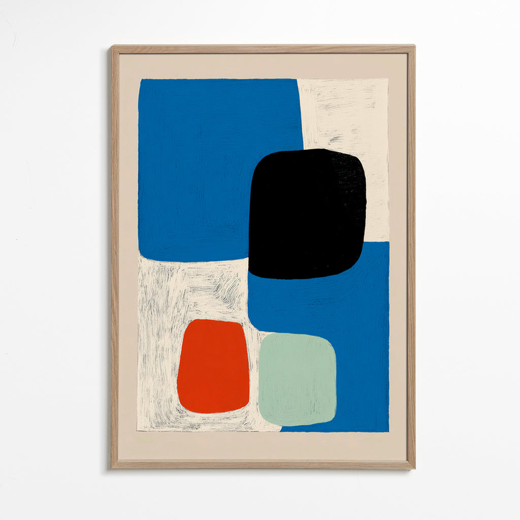 Cuadro abstracto con formas azules y bloque negro – Oak Frame