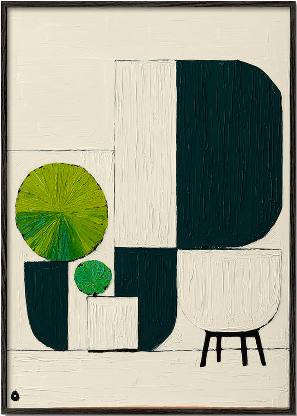 Lámina botánica geométrica con hojas verdes – Black Frame