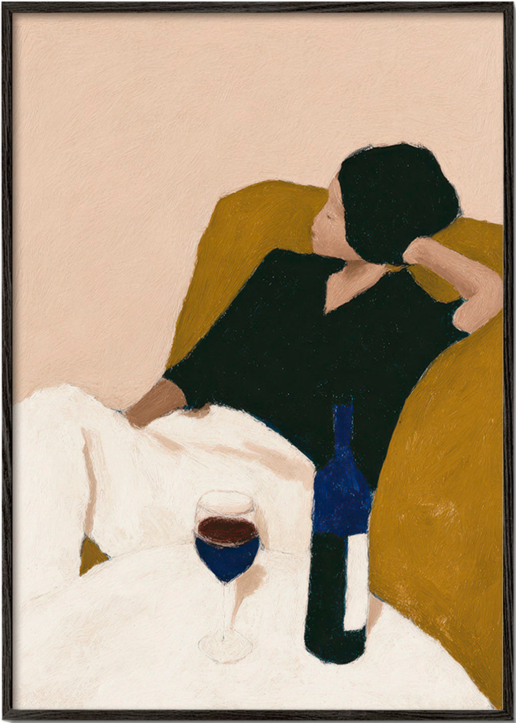 Cuadro de cocina con vino y sillón mostaza – Black Frame