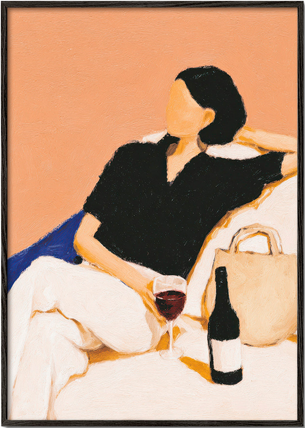 Cuadro de cocina con figura relajada y copa de vino – Black Frame