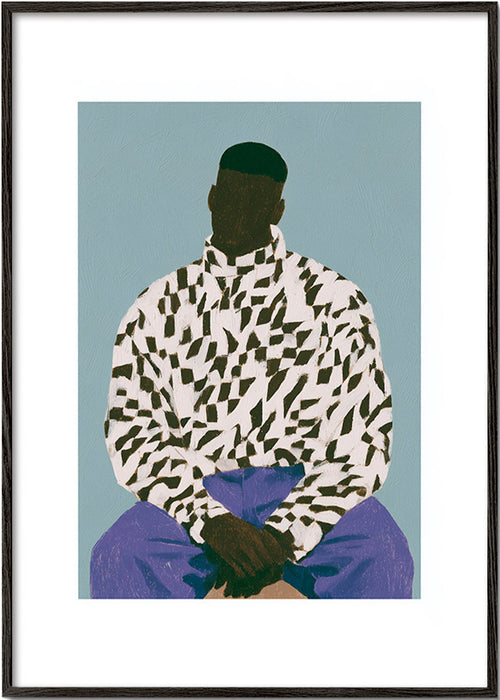 Ilustración figura con camiseta estampada y pantalón morado – Black Frame