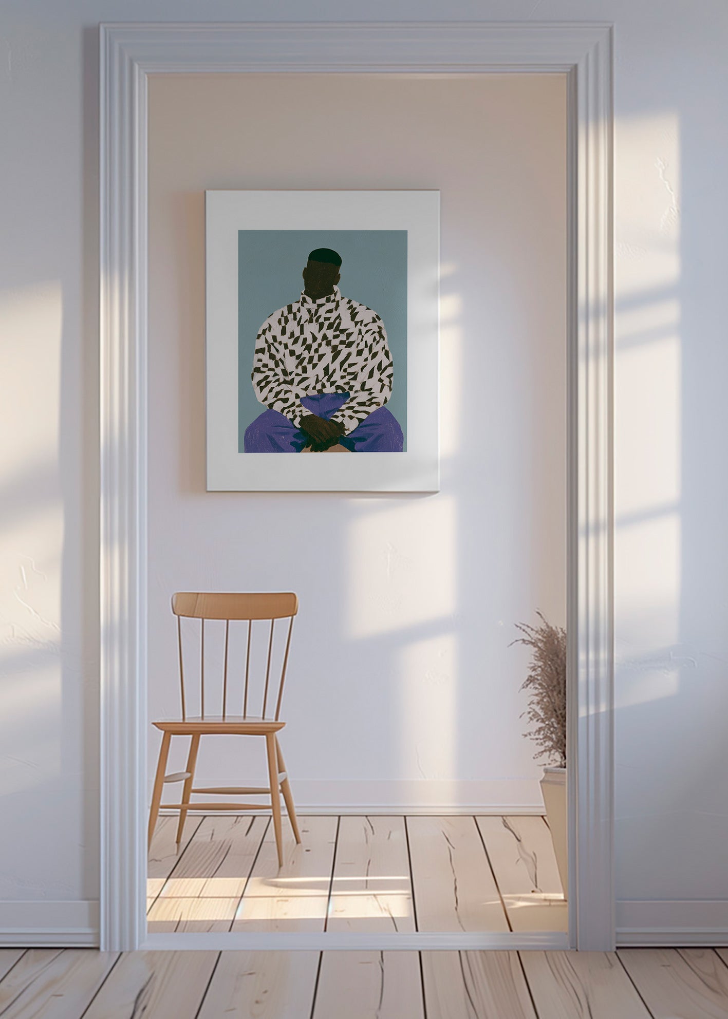 Ilustración figura con camiseta estampada y pantalón morado – Canvas