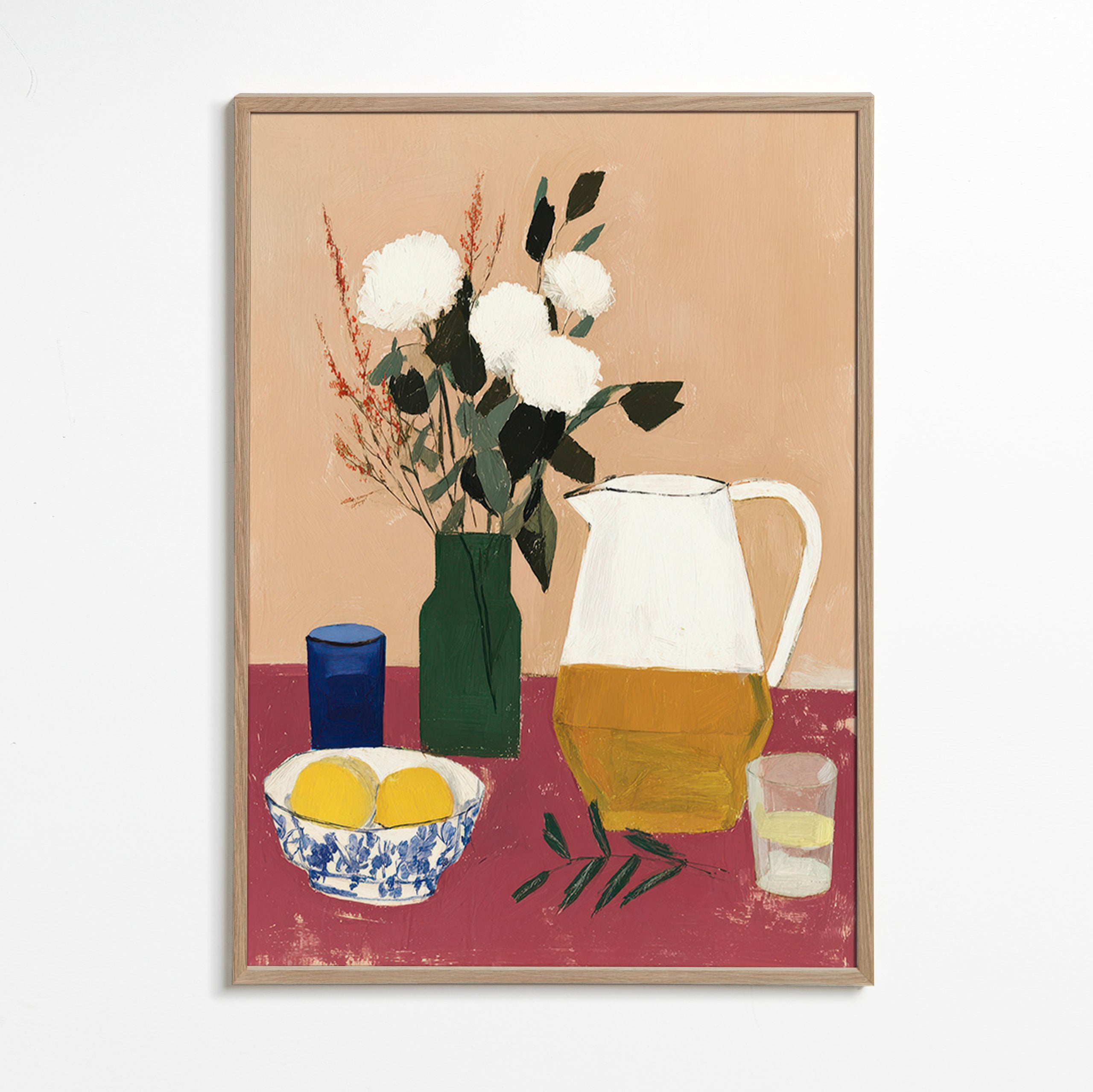 Cuadro de cocina con jarra y flores blancas – Oak Frame