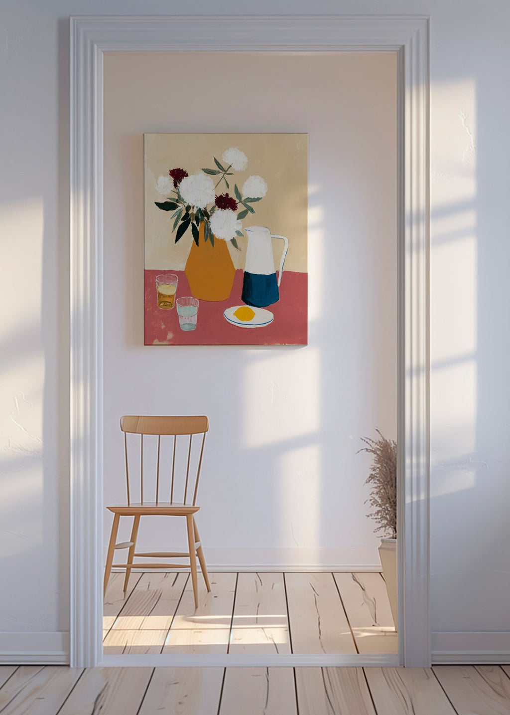 Lámina botánica con jarrón y flores blancas – Canvas