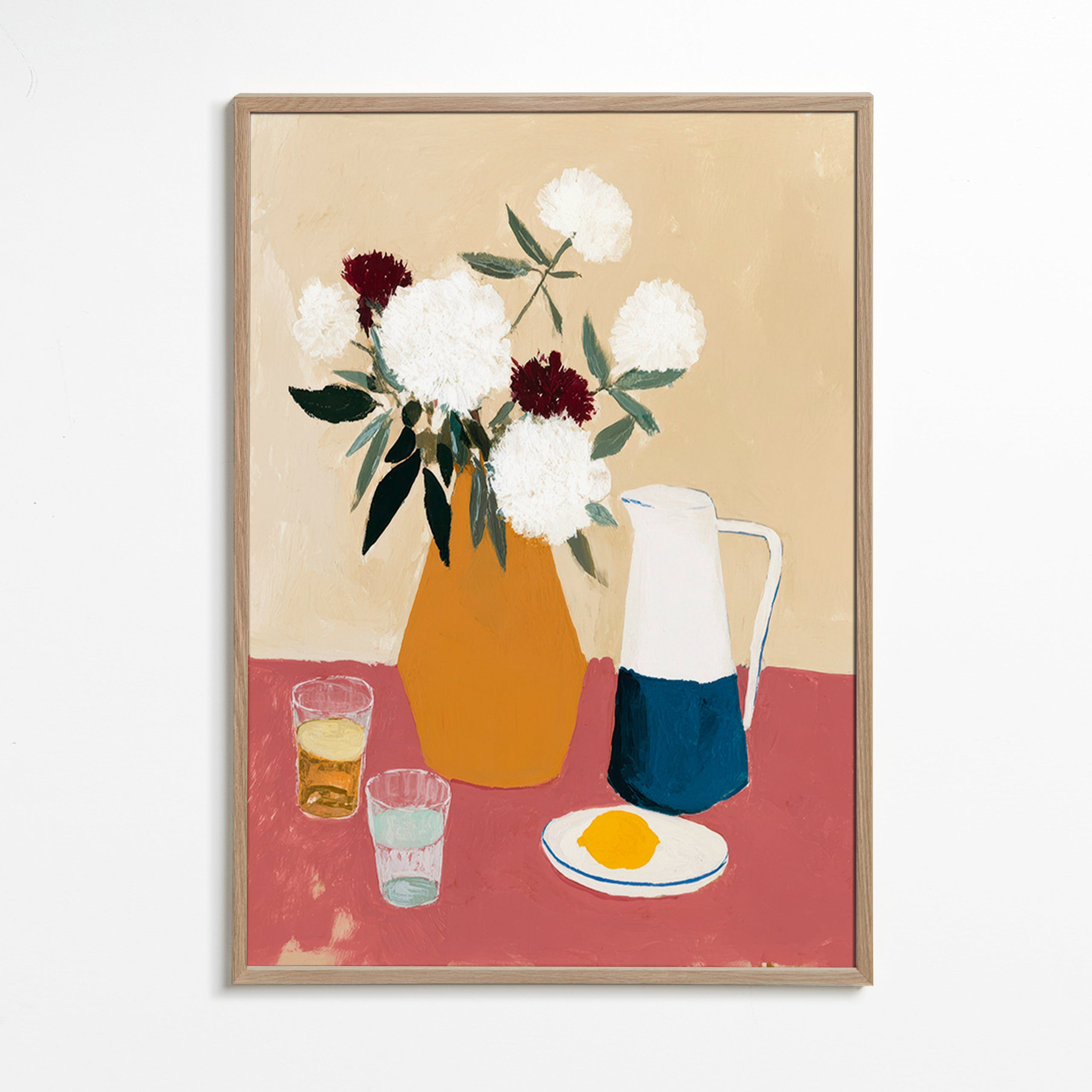 Lámina botánica con jarrón y flores blancas – Oak Frame