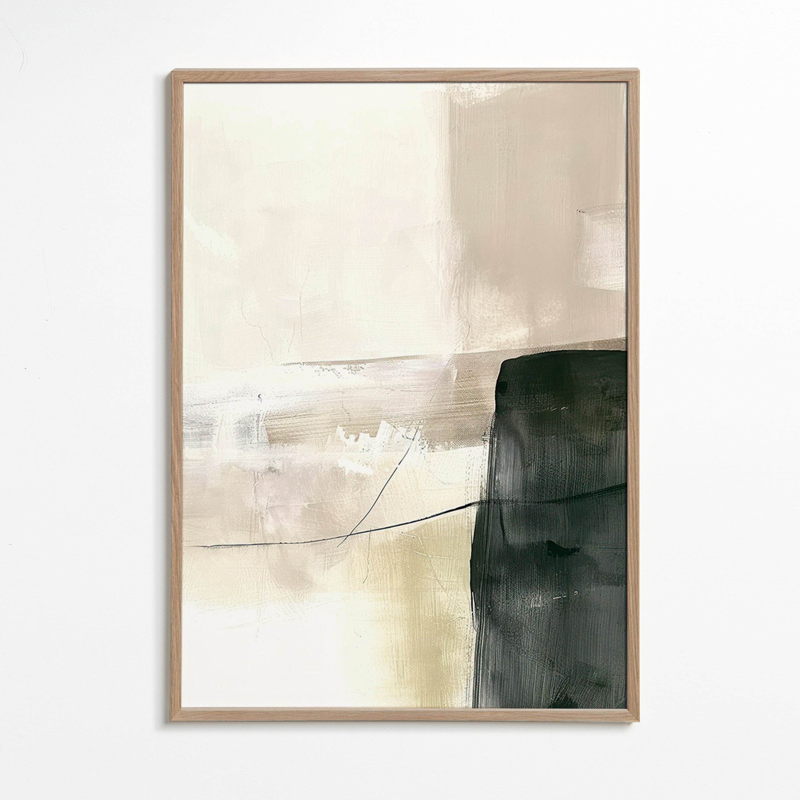 Cuadro abstracto con bloque oscuro y trazos suaves – Oak Frame