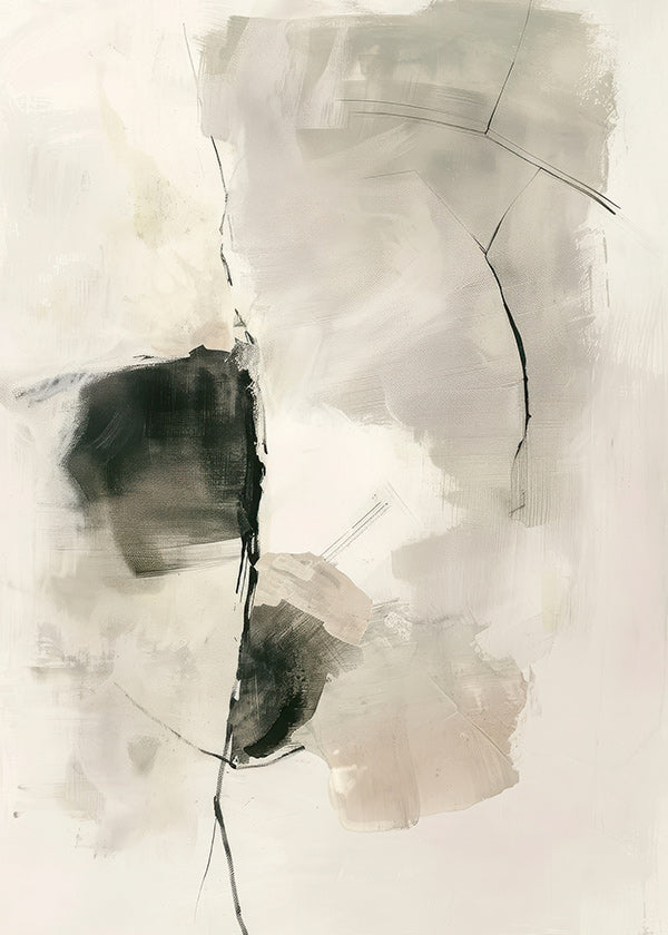 Cuadro abstracto de trazos neutros y manchas verticales