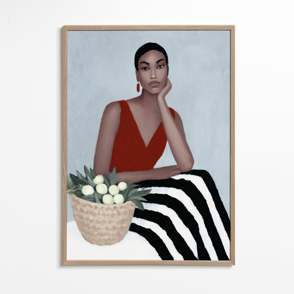 Ilustración de mujer con vestido rojo – Oak Frame
