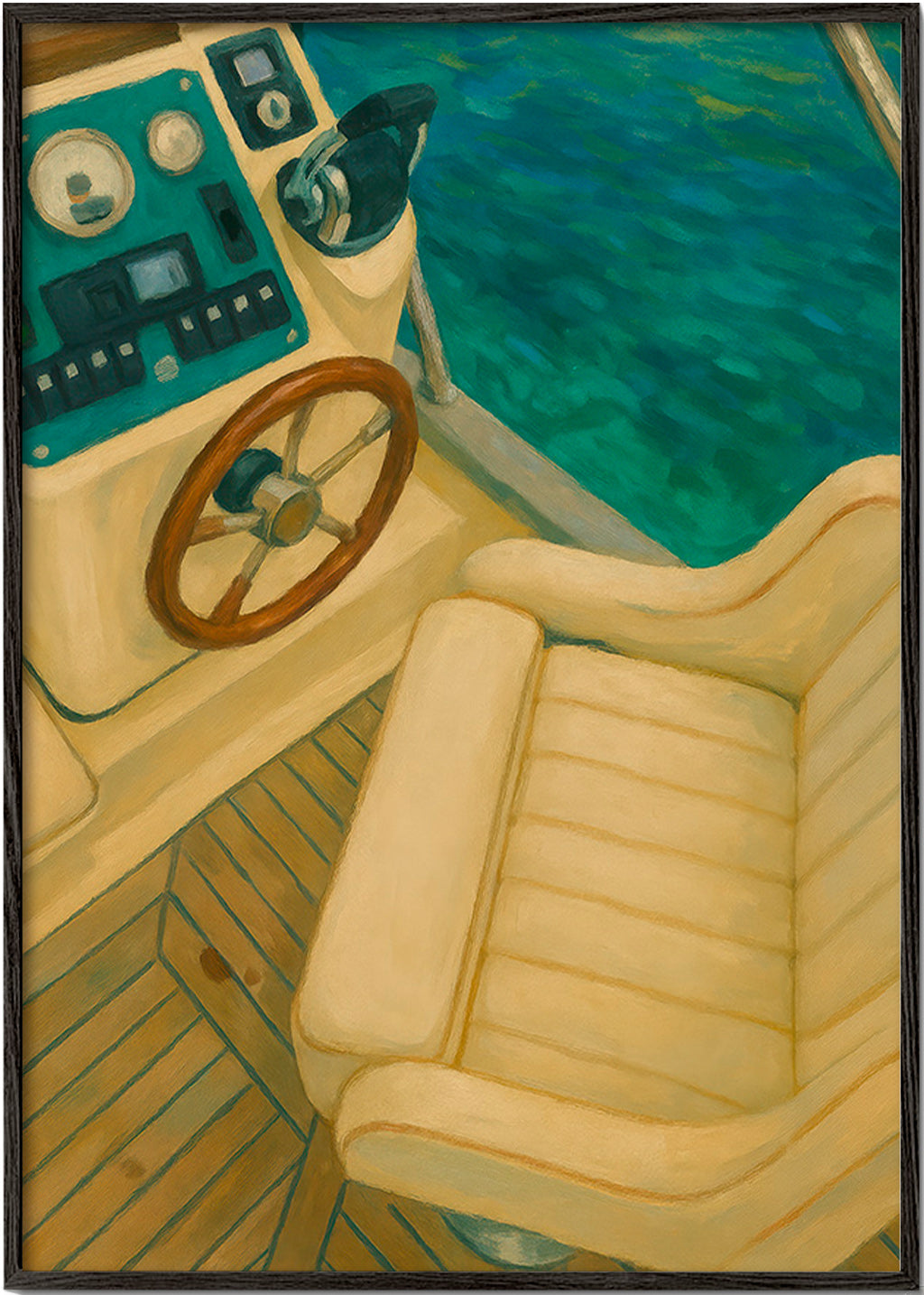 Cuadro de paisaje con timón y mar turquesa – Black Frame
