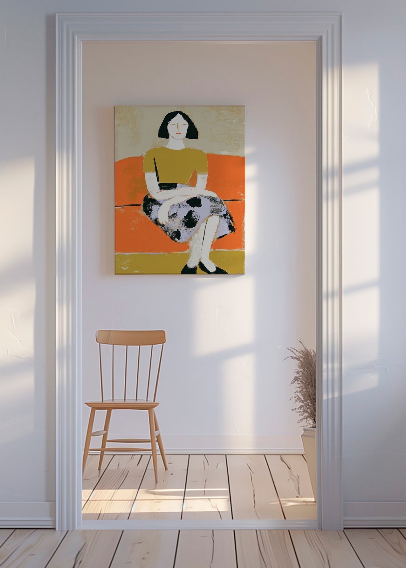 Ilustración femenina sobre sofá naranja – Canvas