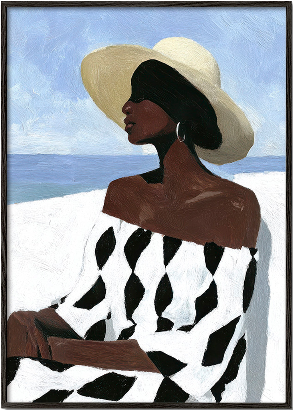 Ilustración de mujer junto al mar con vestido geométrico – Black Frame