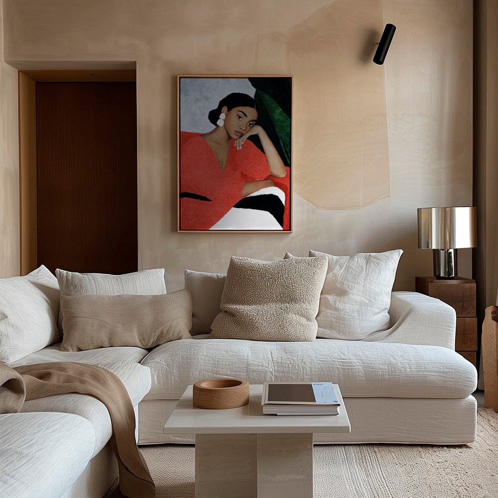 Ilustración de mujer con vestido rojo y hoja tropical – Canvas2