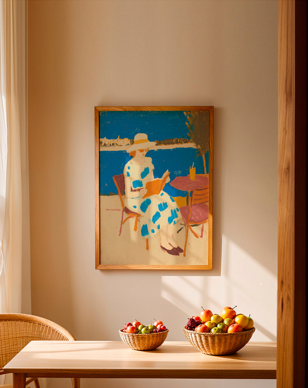 Ilustración lectora en terraza marítima – Product1