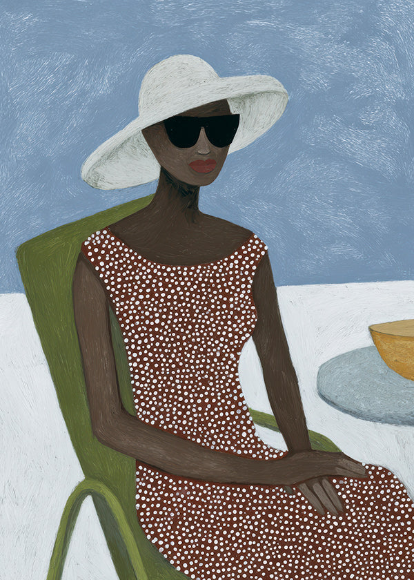 Ilustración femenina con sombrero y silla verde