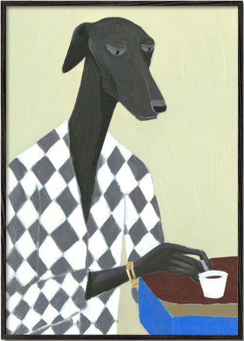 Cuadro perro elegante con taza de café – Black Frame